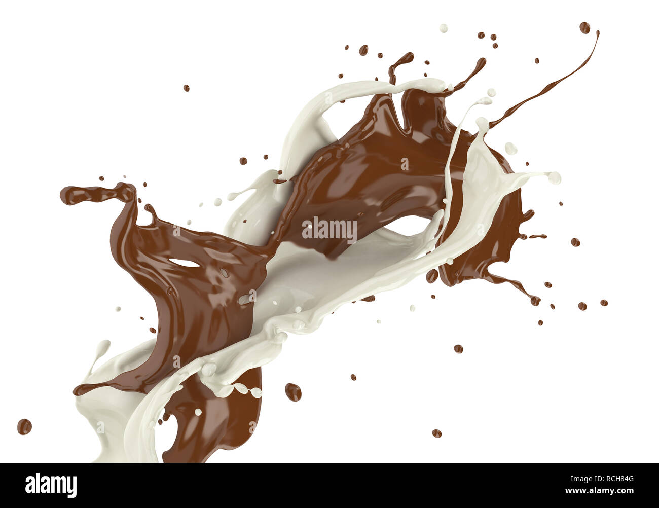 Milk and chocolate, or paint, splashing in the air against each other and blending. On white background. Stock Photo