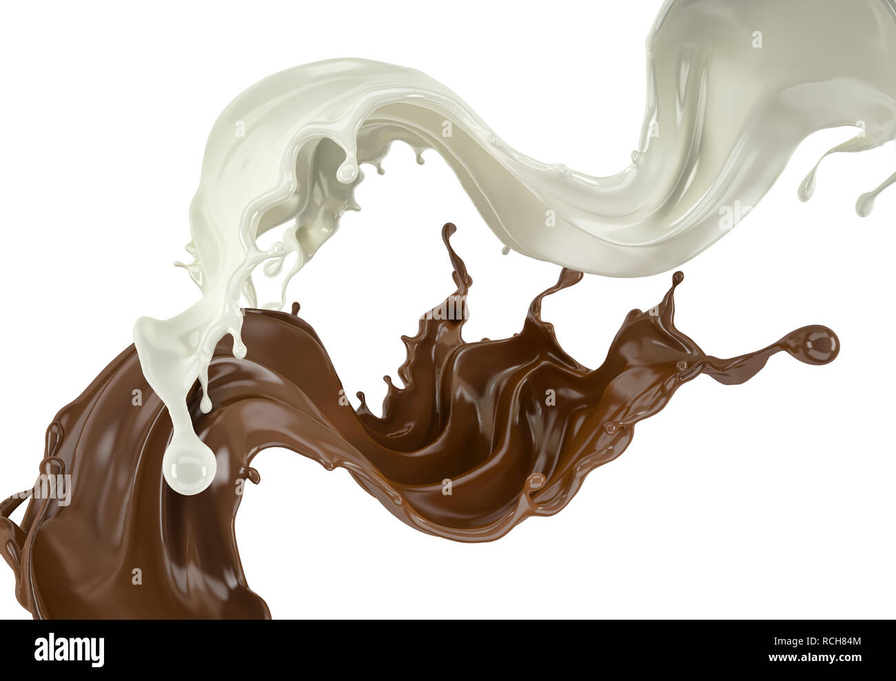 Milk and chocolate , or paint splashes flying in the air. On white background. Stock Photo