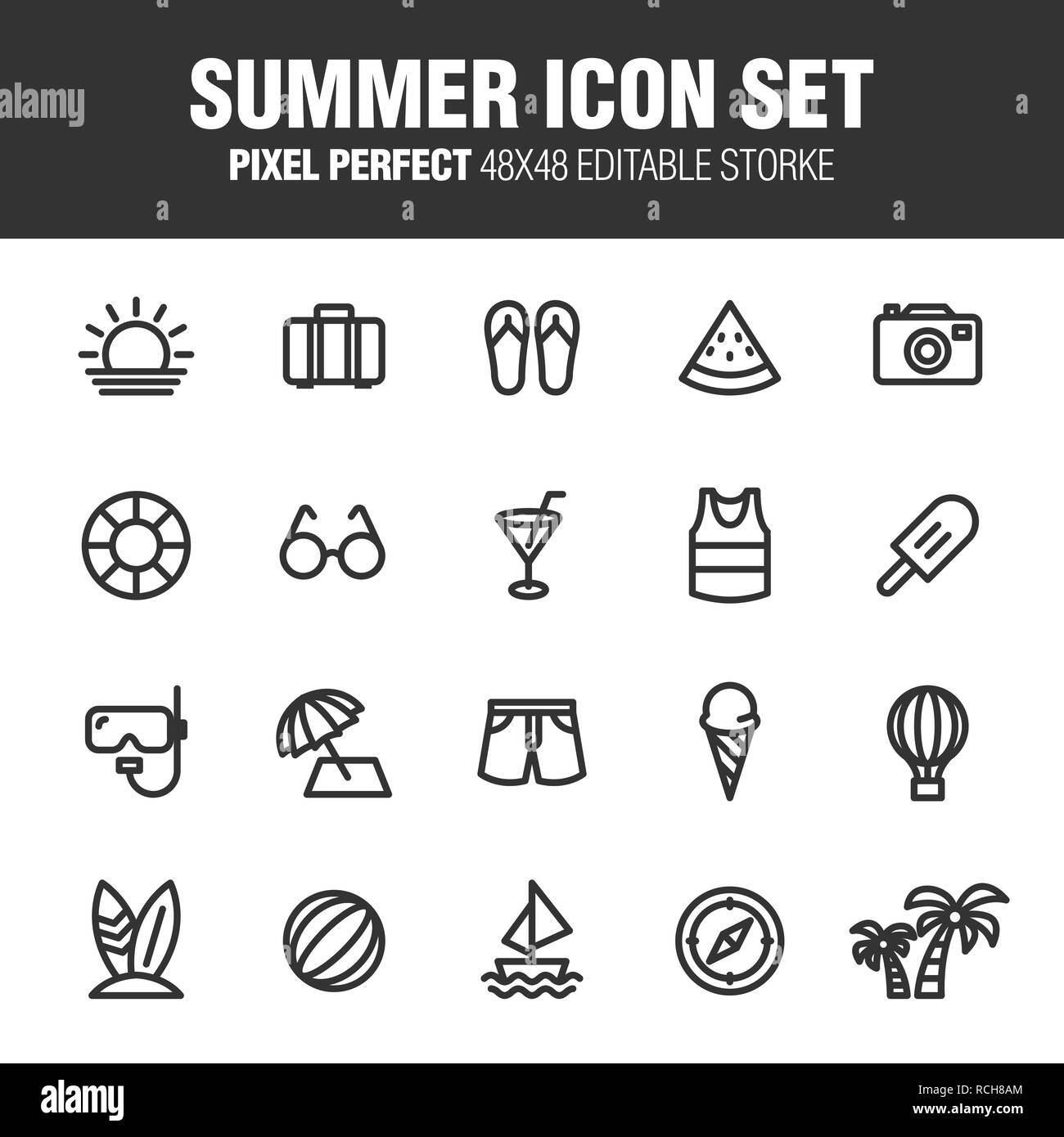 A set of icons created for summer themes. Editable stroke. 48x48 Pixel Perfect. Stock Photo