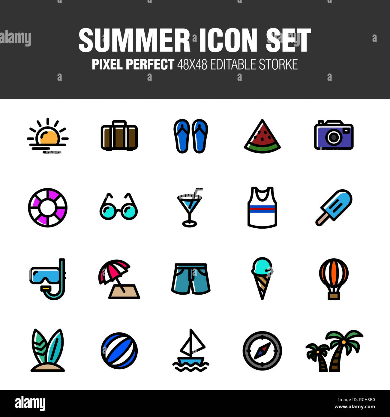 A set of icons created for summer themes. Editable stroke. 48x48 Pixel ...