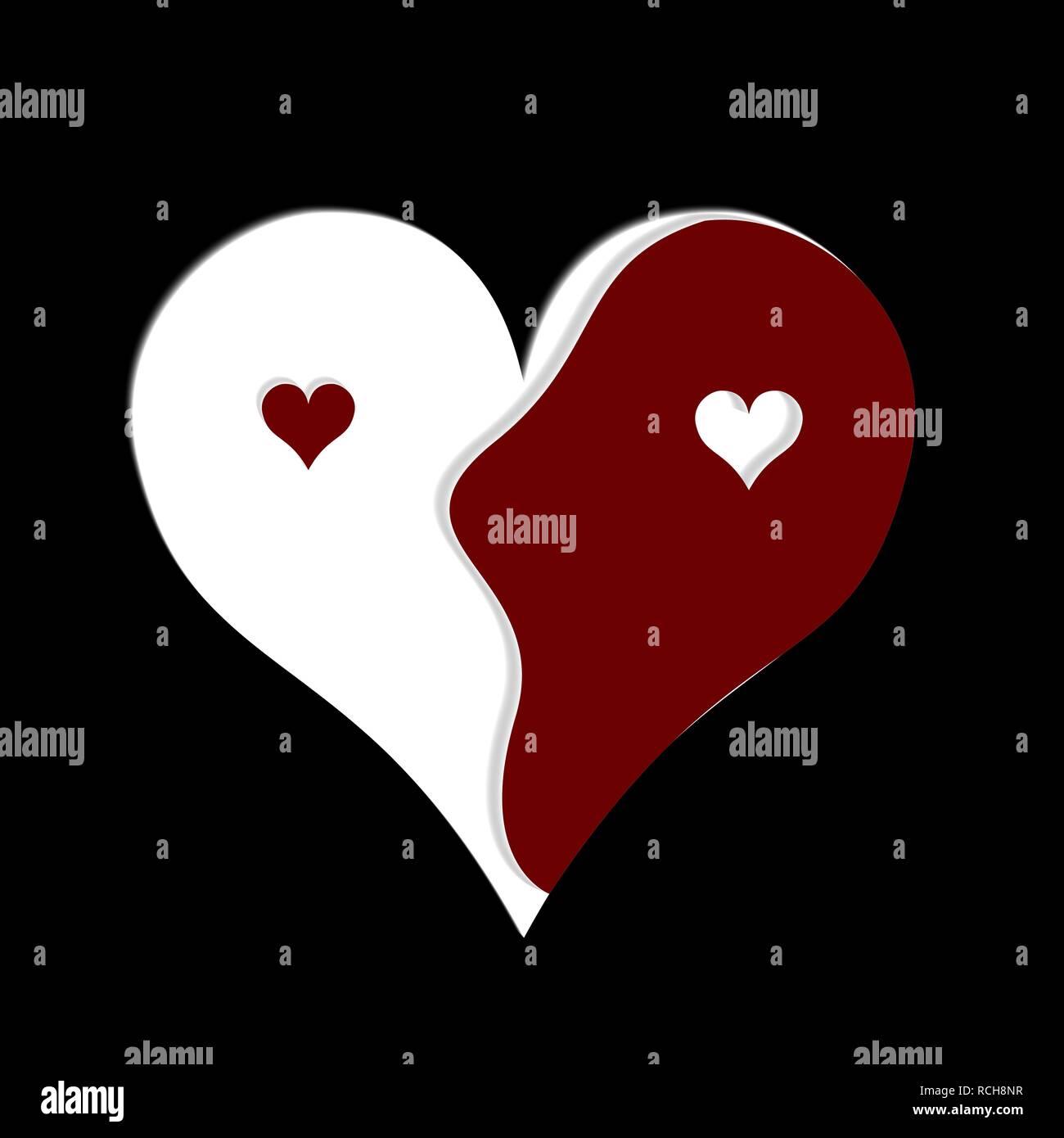 white heart with highlighted red half on black background Stock Vector