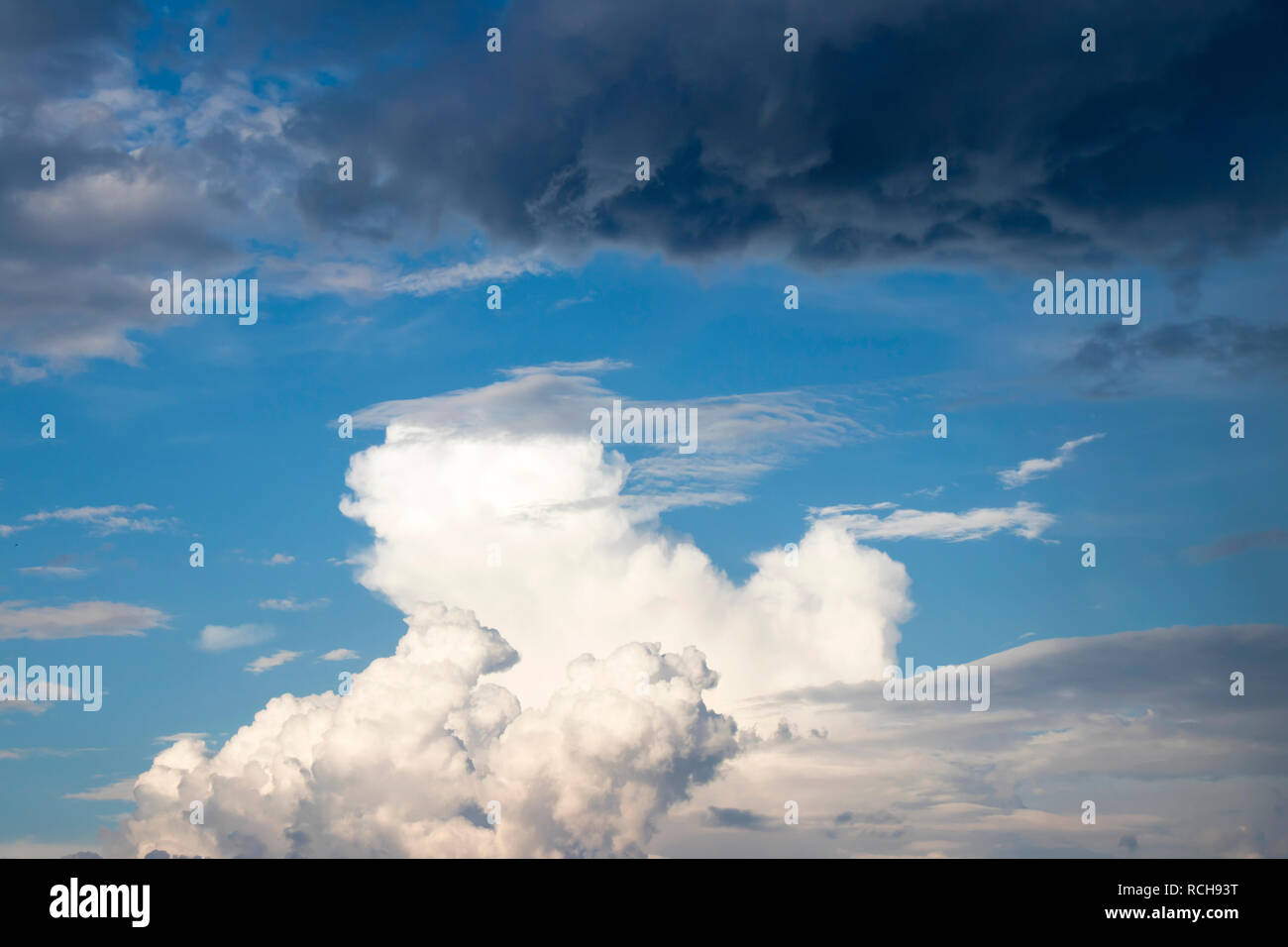 Cloudy sky: Contrast of fluffy bright and dark rainy clouds show quick weather change during strong wind Stock Photo