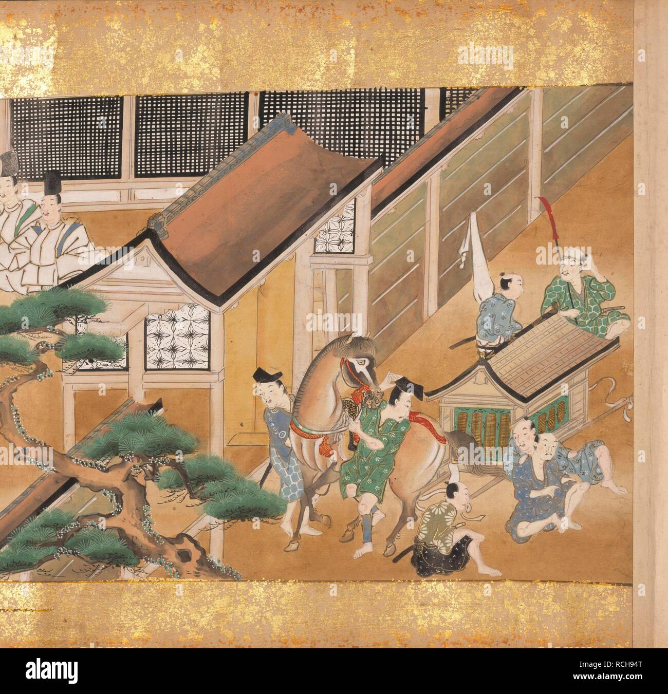 Horses and palanquin outside putside a gate. Matsutake Monogatari ('The