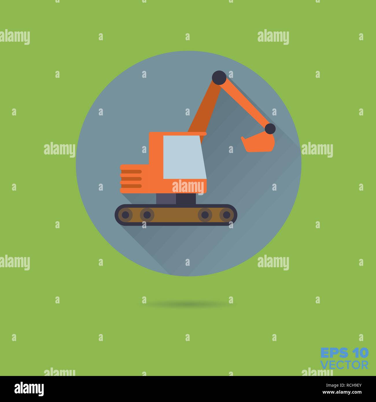 Excavator flat design long shadow vector icon Stock Vector