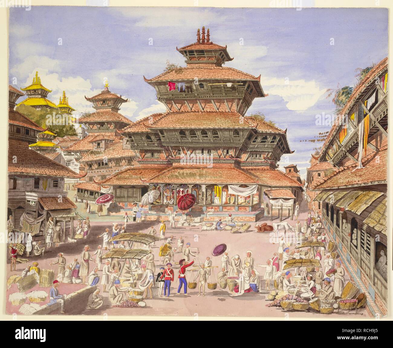 'The Dhunsar in the city of Kathmandoo. March 1857'. 'The Dhunsar in the city of Kathmandoo. March 1857'. 1857. Water-colour; 33 by 40.8 cm. Source: WD 3278. Author: Oldfield, Henry Ambrose. Stock Photo