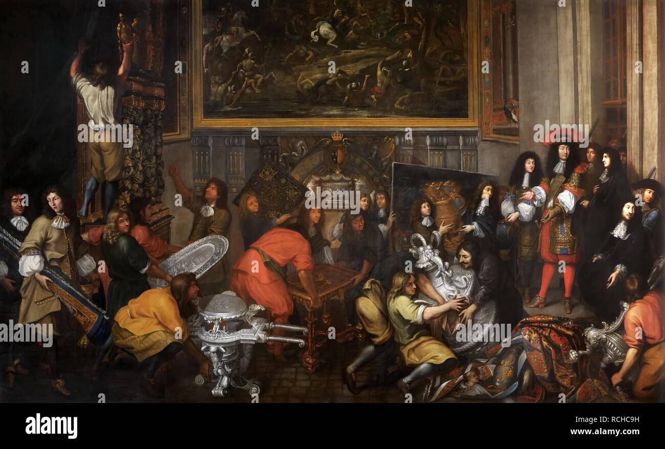 Louis XIV visits the Manufacture des Gobelins on October 15, 1667. Museum: Musée de l'Histoire de France, Château de Versailles. Author: Renard de Saint-André, Simon. Stock Photo