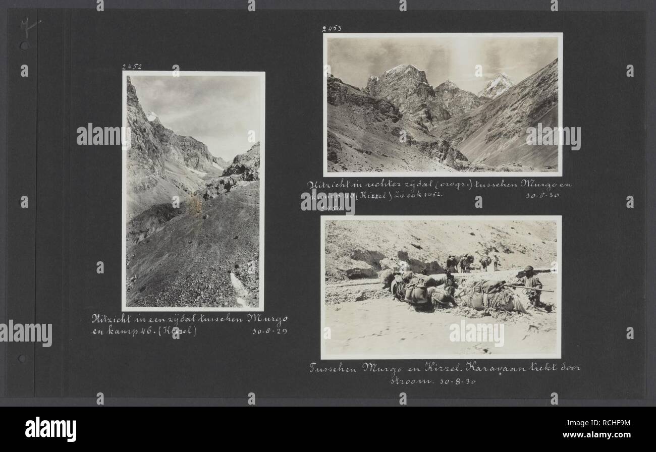 Albumblad met drie foto's. zicht op een zijdal vanuit kamp 46 tussen Murgo en Ki, Bestanddeelnr 33 15. Stock Photo