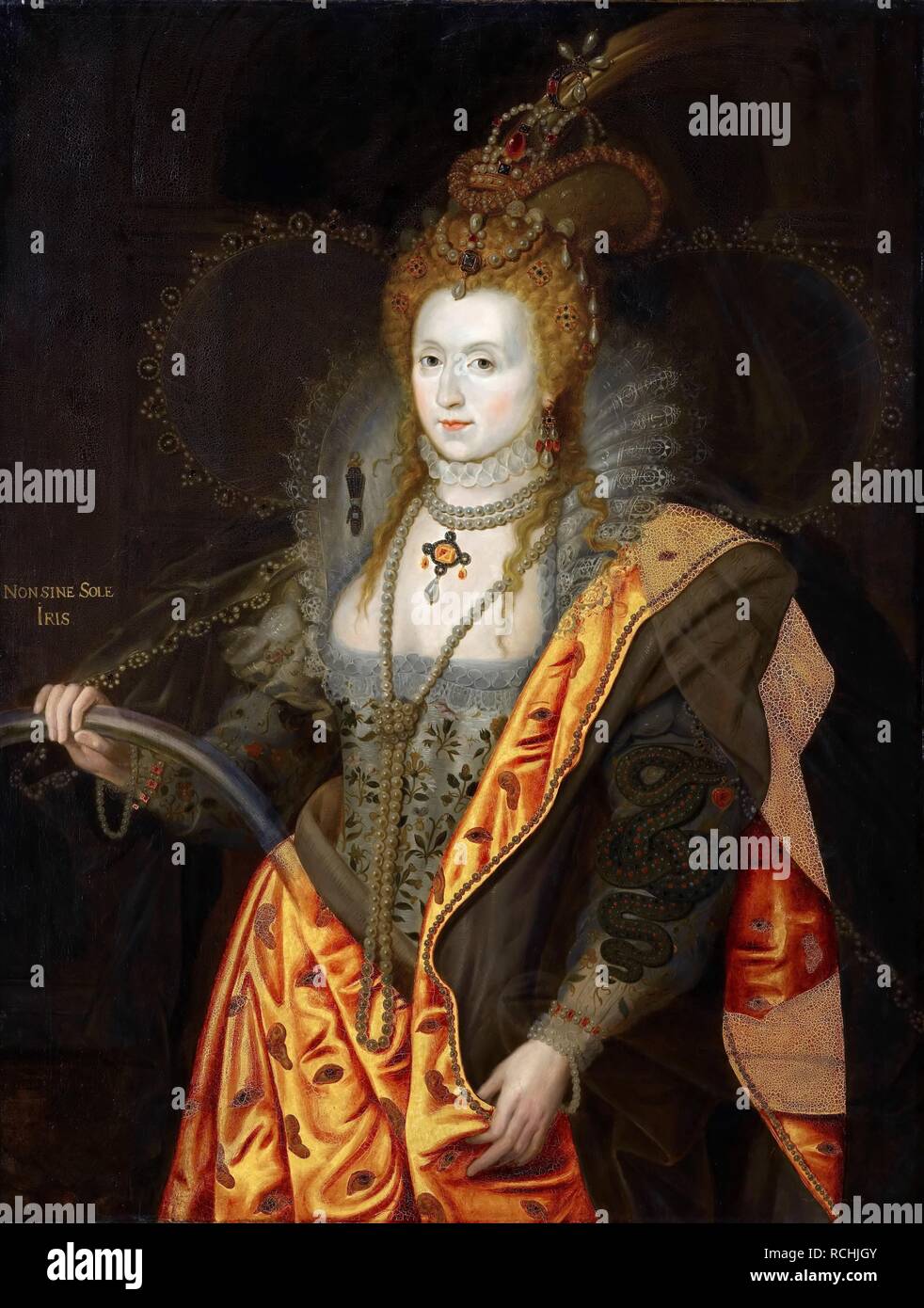 Portrait of Elizabeth I of England (1533-1603), in ballet costume as Iris (Rainbow Portrait). Museum: Musée de l'Histoire de France, Château de Versailles. Author: HEALY, GEORGE PETER ALEXANDER. Stock Photo