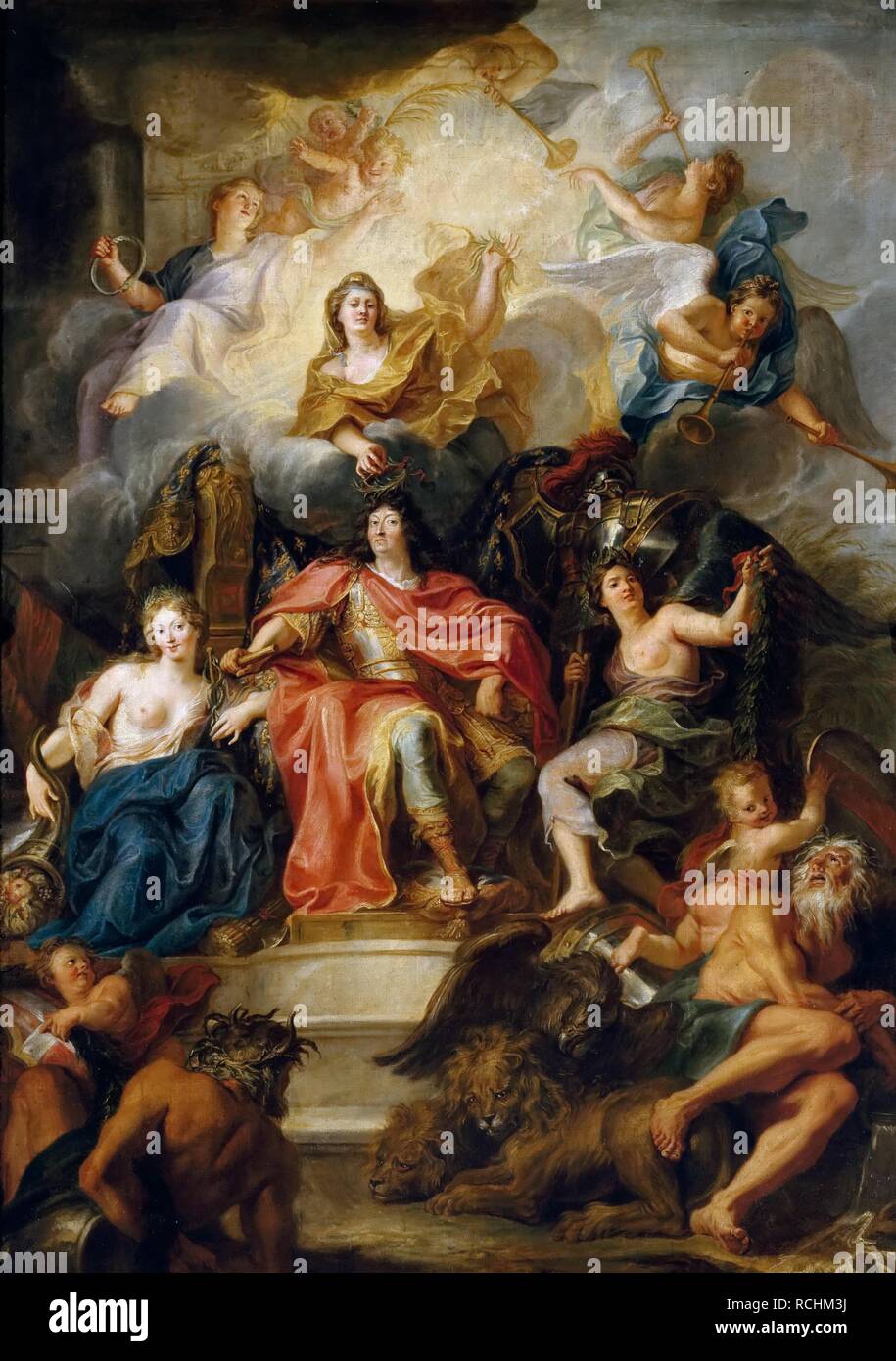 The glorification of Louis XIV. Museum: Musée de l'Histoire de France, Château de Versailles. Author: COYPEL, ANTOINE. Stock Photo