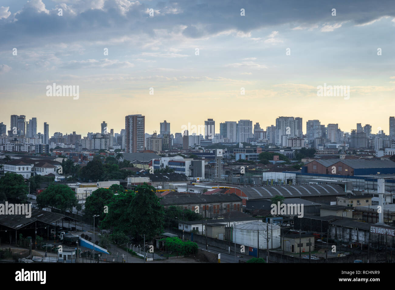 Sunset hour in Santos harbor, Brazil Stock Photo