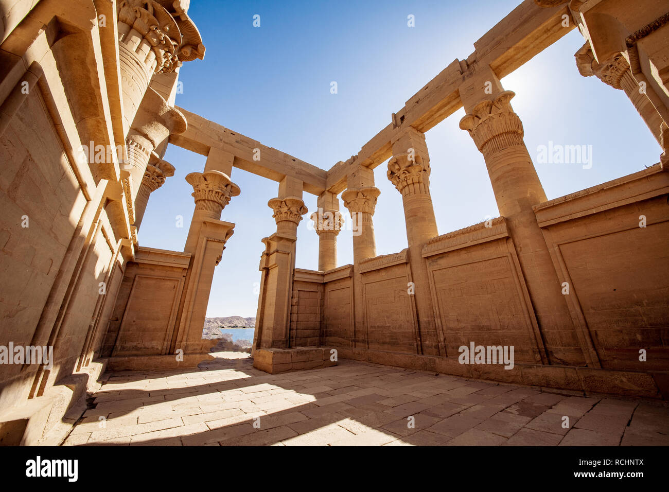 Inside of the Trajan Temple at Philae in Egypt Aswan on Lake Nasser Stock Photo