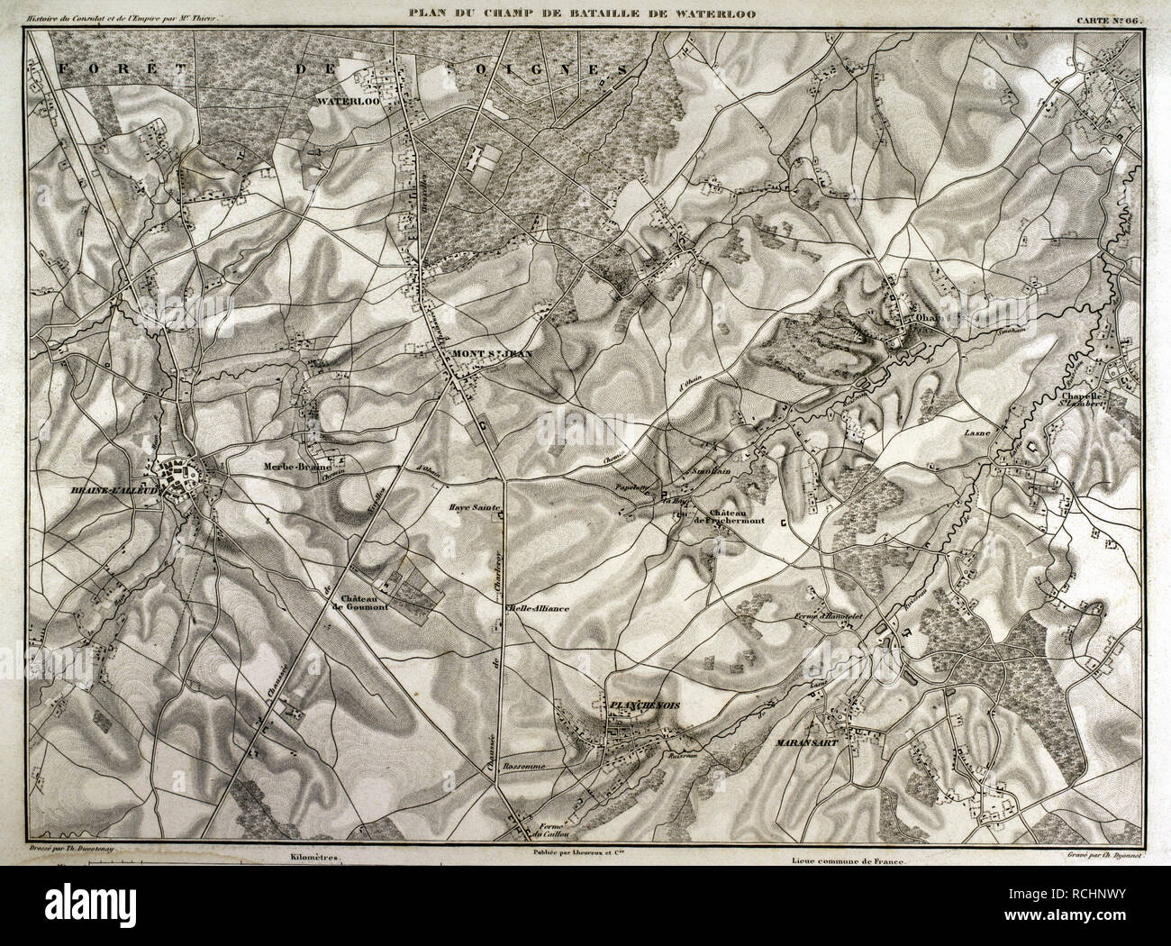 Napoleonic map. Battlefield of Waterloo (current territory of Belgium) where the battle took place on June 18, 1815. Confrontation between French troops (led by Napoleon I) and British, Dutch and German troops (led by the Duke of Wellington) and the Prussian army (directed by Gebhard von Blucher). Victory of the Seventh Coalition. Atlas de l'Histoire du Consulat et de l'Empire. History of the Consulate and the Empire of France under Napoleon by Marie Joseph Louis Adolphe Thiers (1797-1877). Drawings by Dufour, engravings by Dyonnet. Edited in Paris, 1864. Stock Photo