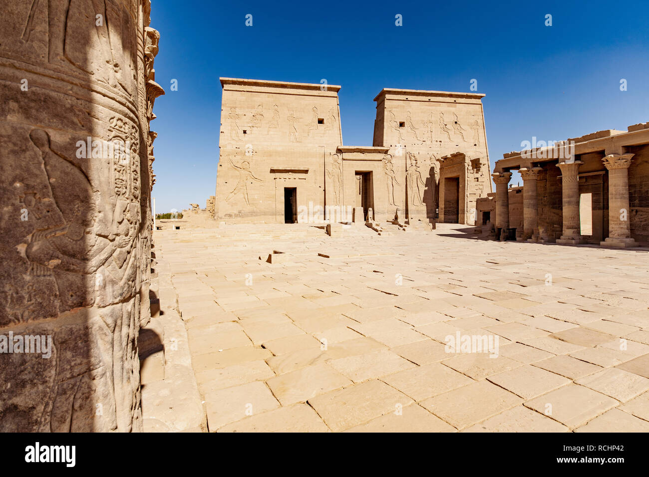 The courtyard of Philae Temple in Aswan Egypt Stock Photo