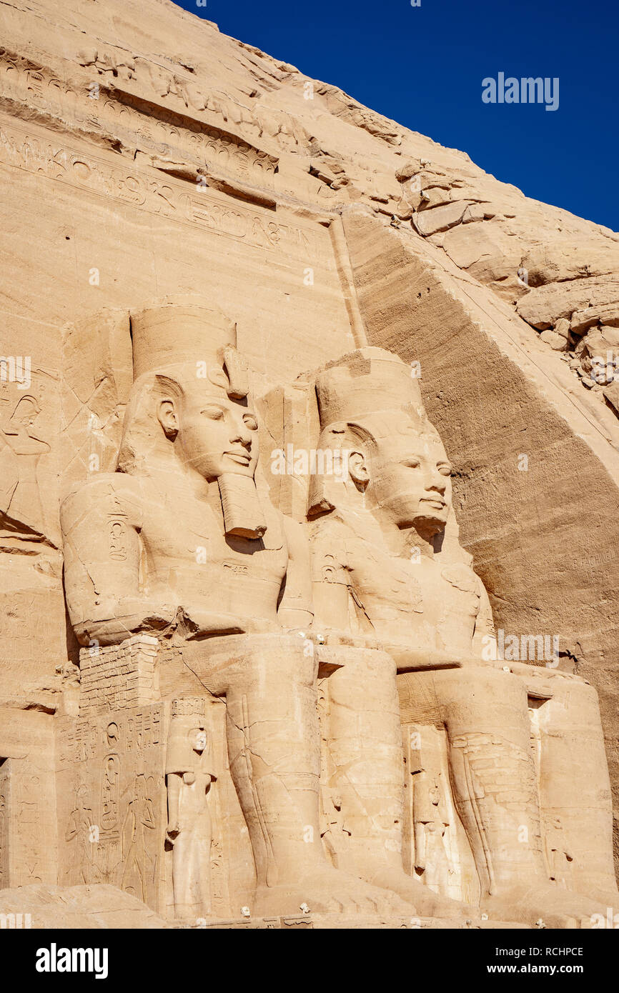 The statues of Ramsses The Great at Abu Simbel in Aswan Egypt Stock Photo