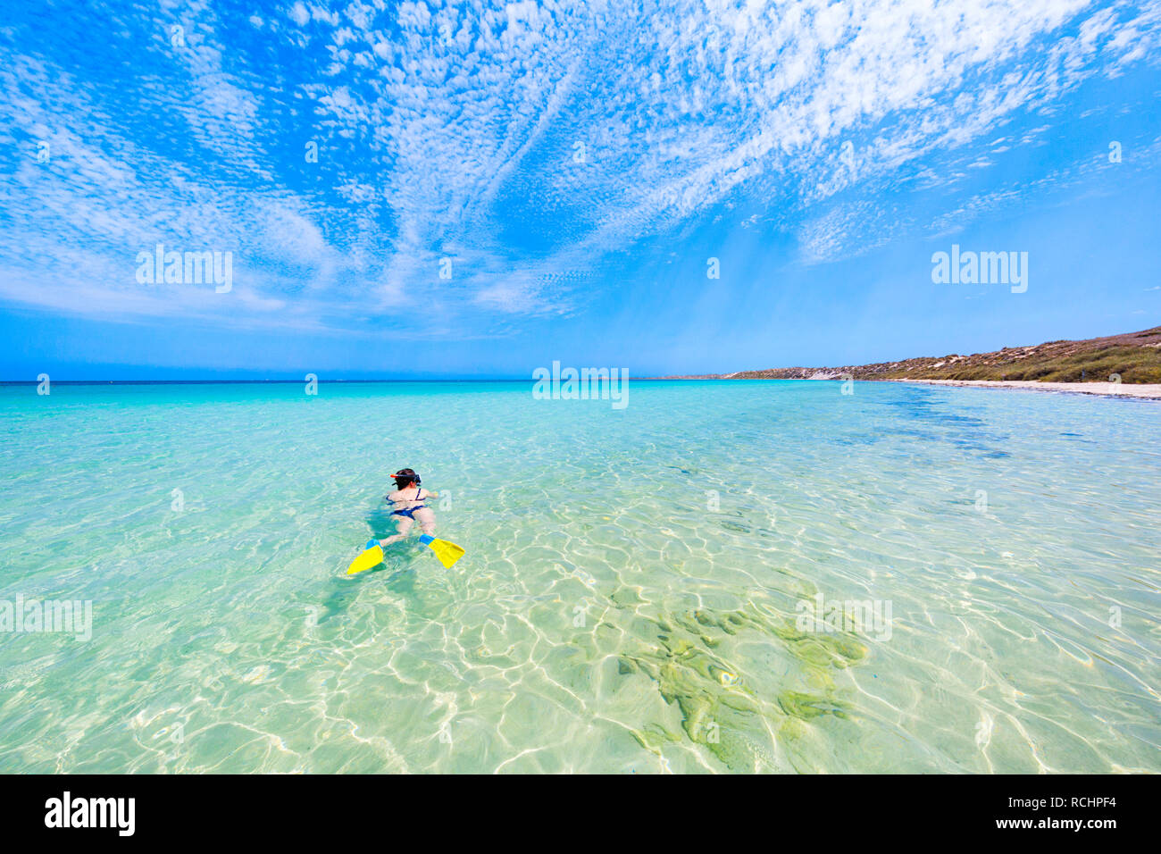 Woman snorkeling in the clear waters of Coral Bay on the Ningaloo coast. Western Australia Stock Photo