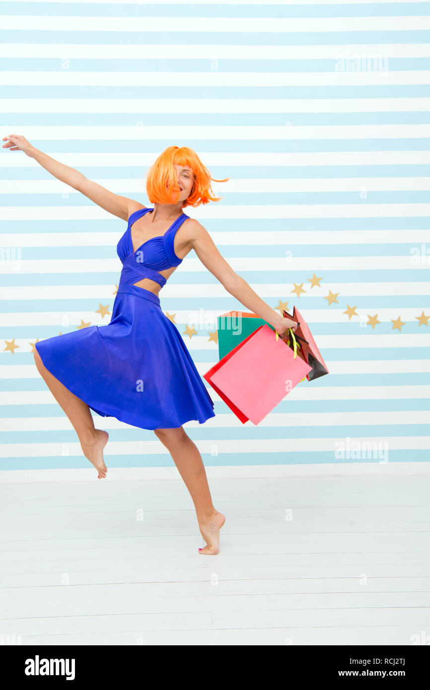 Fashion. Black Friday sales. happy woman go shopping. Last preparations. big sale in shopping mall. Crazy girl with shop bags. Happy shopping online. Happy holidays. Successful shopping. Stock Photo