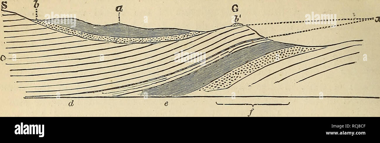 . Elements of geology, or, The ancient changes of the earth and its inhabitants as illustrated by geological monuments. Geology. 368 ISLANDS IN THE EOCENE SEA. Fig. 364. [On.. XIX Z-r-'X. Section showing that the Weald had been denuded of chalk before the Lower Eocene strata were deposited. S. Eelative position of Saffron &quot;Walden. G. Chalk-escarpment above Godstone, surmounted by a patch of the Lower Tertiary beds, &amp;'. a. London Clay. &amp;, &amp;'. Lower Tertiaries. &quot; c. Chalk. d. Upper Greensand. e. Gault. / Lower Greensand and Wealden. x. Point at which the present upper and u Stock Photo