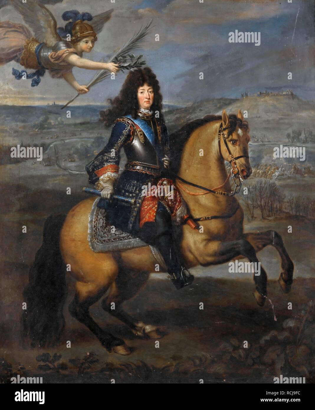 Equestrian portrait of Louis XIV at the Siege of Namur. Museum: Musée de l'Histoire de France, Château de Versailles. Author: Mignard, Pierre. Stock Photo
