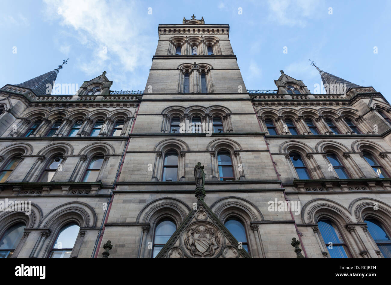 The rear of the Grade One listed Manchester Town Hall, completed in 1877 and designed by Alfred Waterhouse. Stock Photo