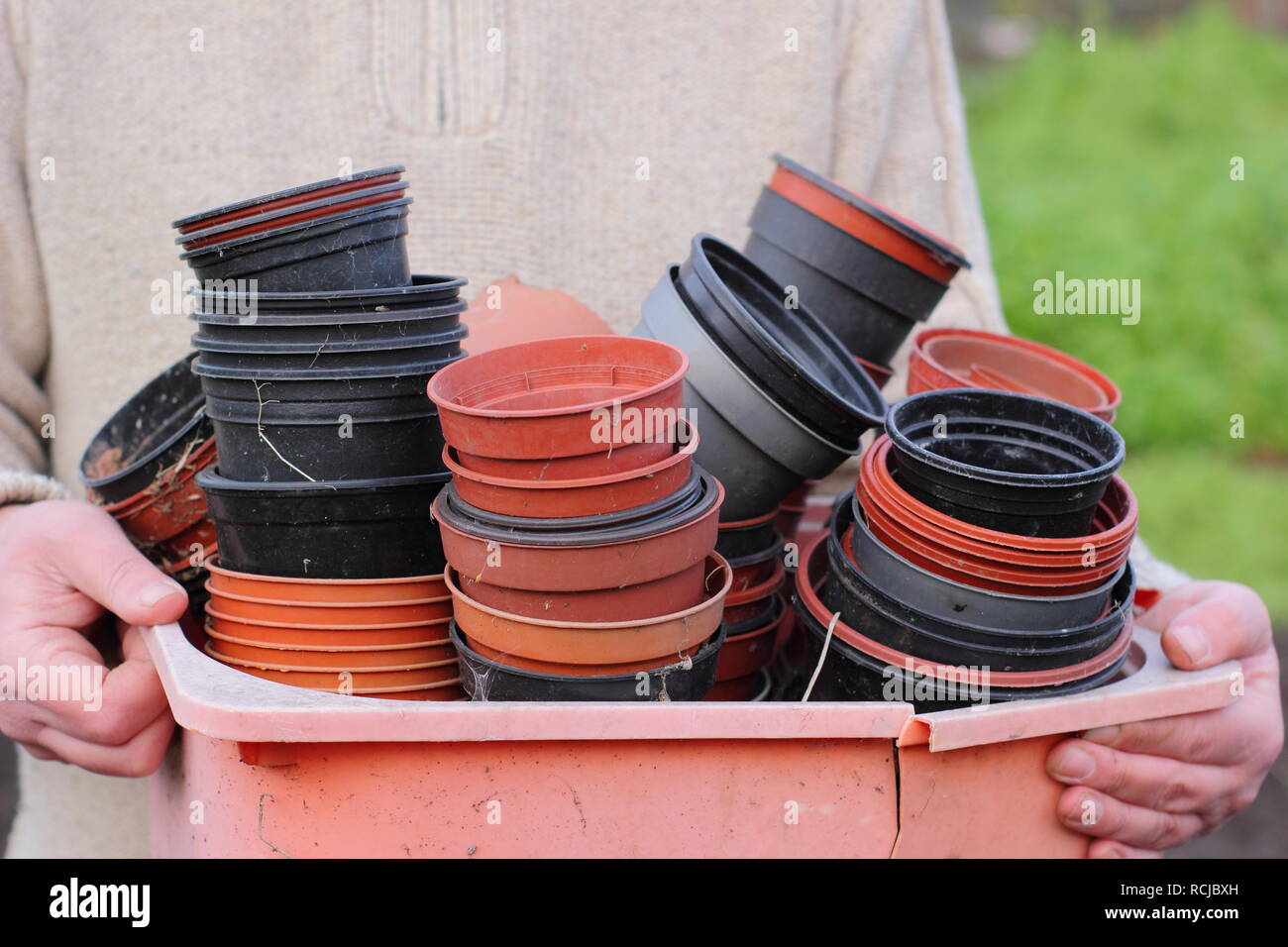 Gardener with empty black and red plastic plants pots in a plastic bowl, UK garden. Plastic free gardening Stock Photo