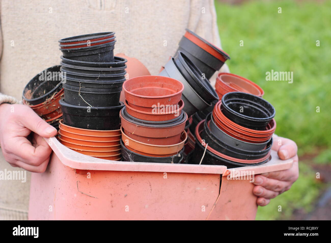Gardener with empty black and red plastic plants pots in a plastic bowl, UK garden. Plastic free gardening Stock Photo