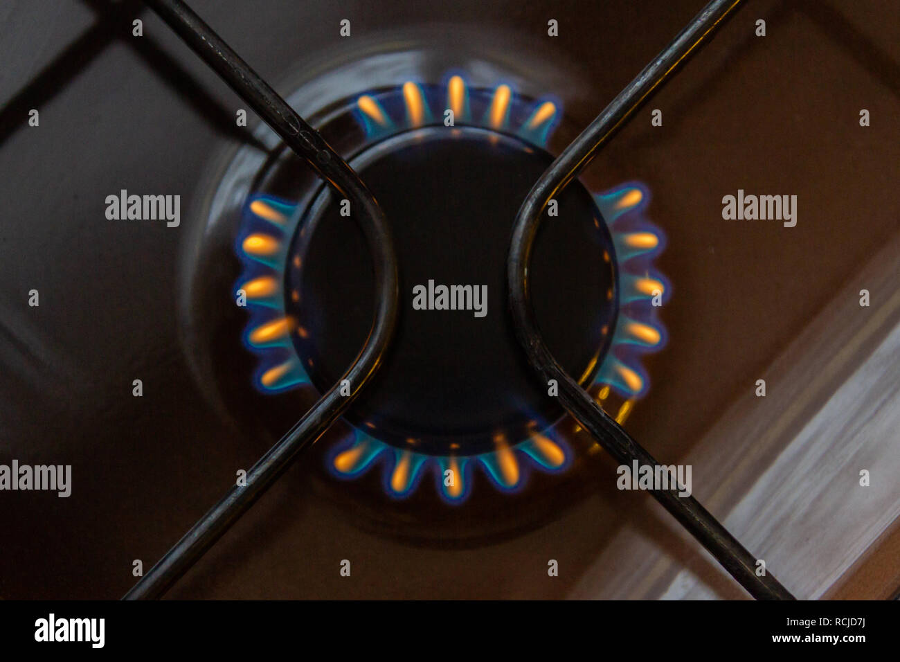 Gas stove with burning orange and blue fire on it Stock Photo Alamy