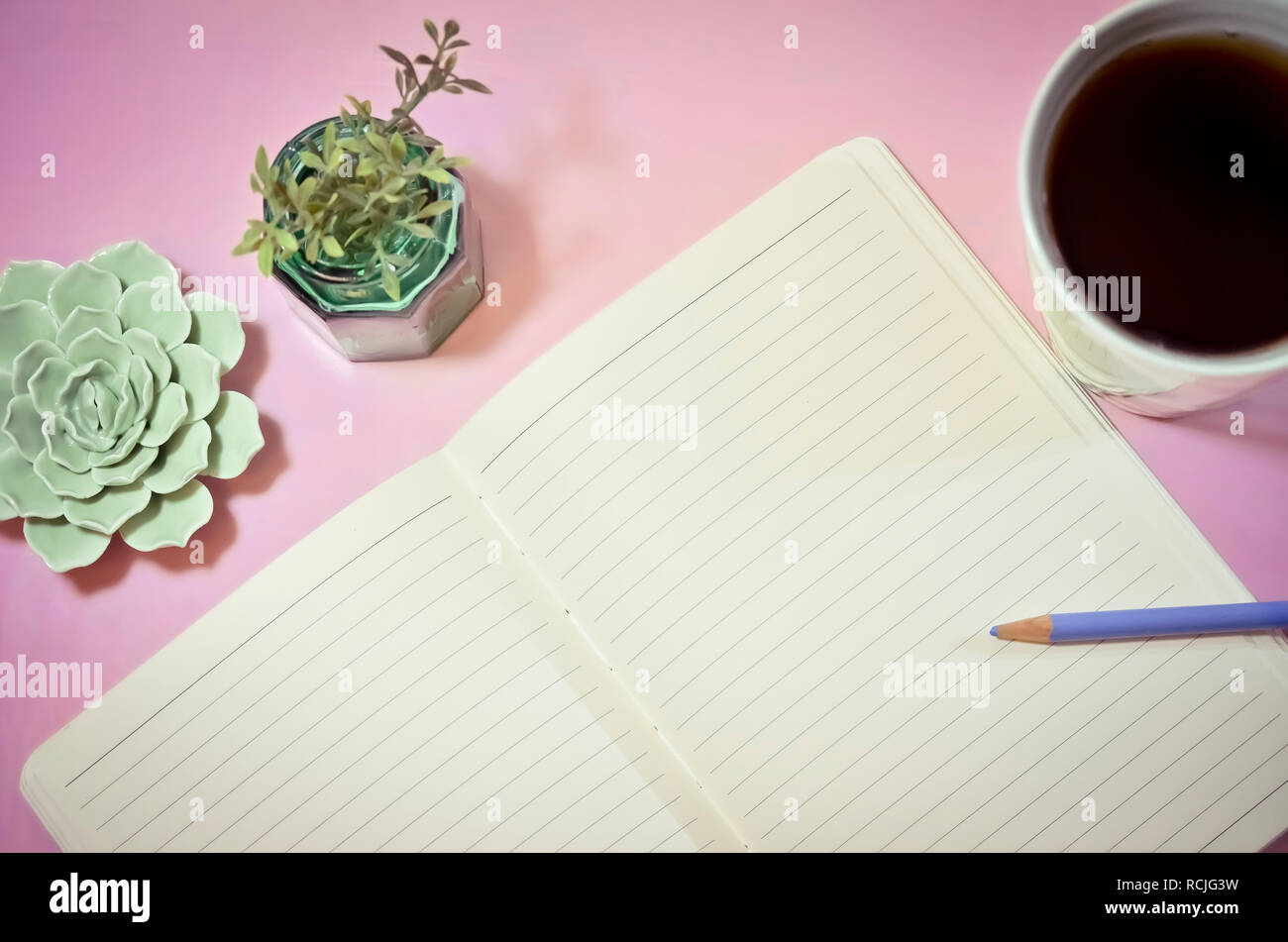 Blank Notebook with Coffee and Plants on Pink Background Stock Photo