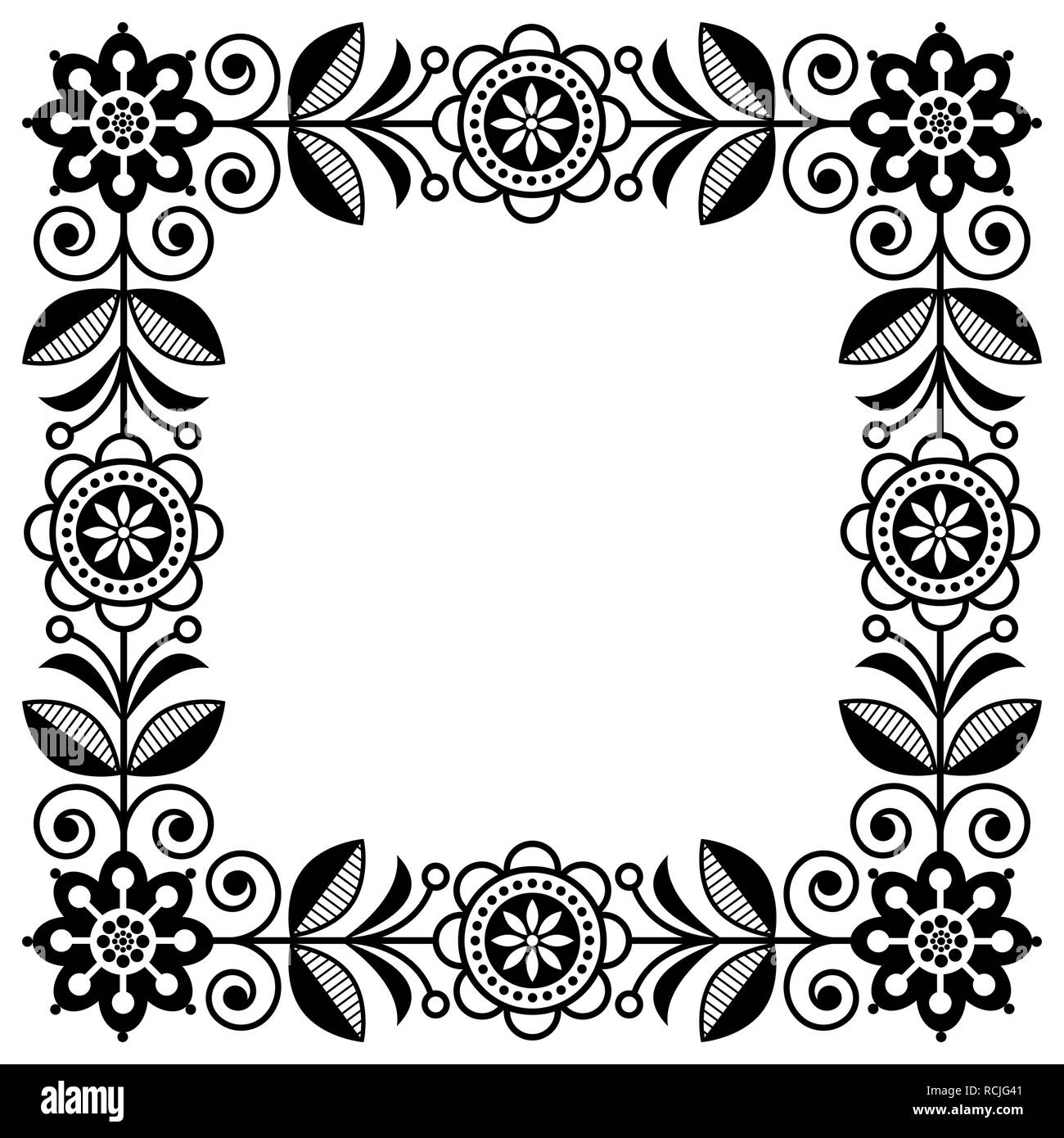 Scandinavian folk art vector frame, cute floral border, square pattern with monochrome flowers - invitation, greetings card Stock Vector