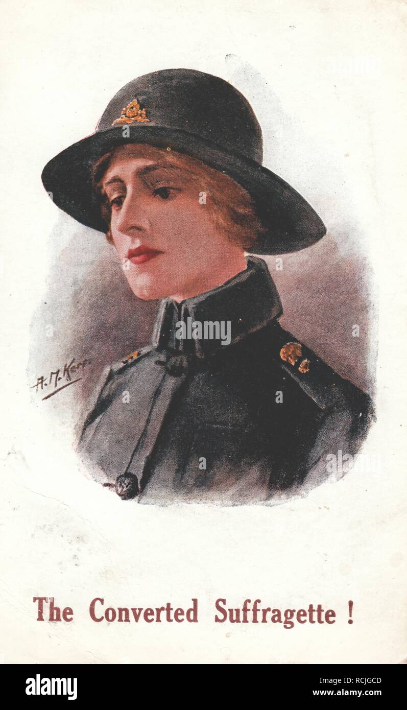 Suffrage-era, color postcard, depicting a young, light-haired woman, from the shoulders up, wearing a dark grey or black, military-style hat and jacket (reflecting her association with a World War I war effort group, such as the Land Army) with the caption 'The Converted Suffragette!' published for the British market, 1915. () Stock Photo