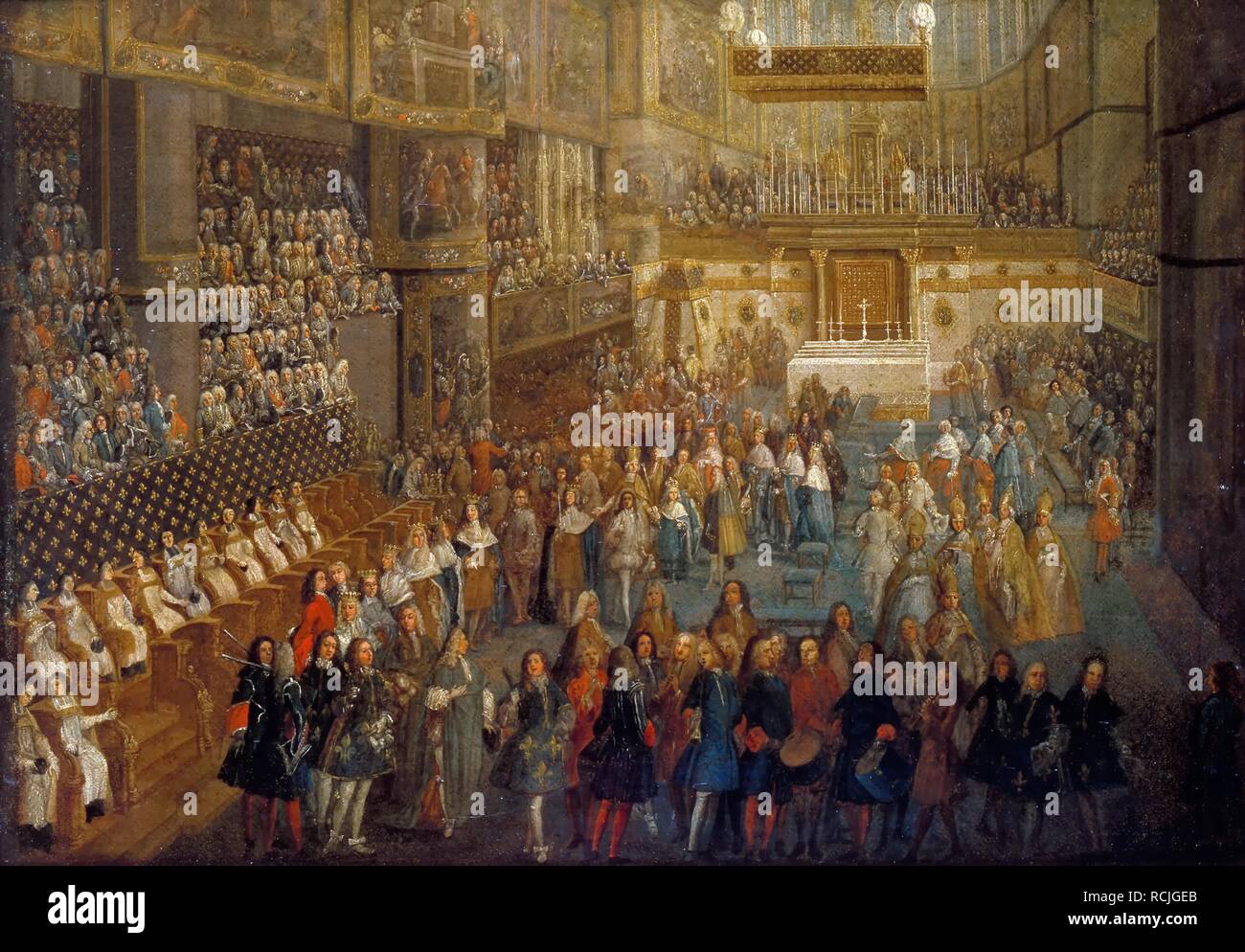 The coronation of Louis XV in the Rheims Cathedral, 25 October 1722. Museum: Musée de l'Histoire de France, Château de Versailles. Author: Martin, Pierre-Denis II. Stock Photo