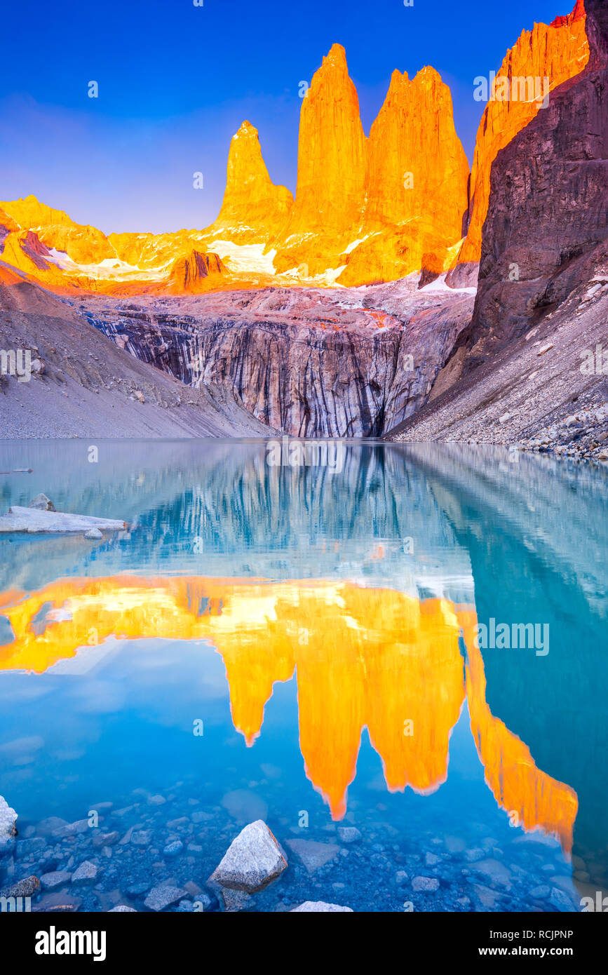 Torres del Paine, Chile, Laguna Torres, famous landmark of Patagonia, South America Stock Photo