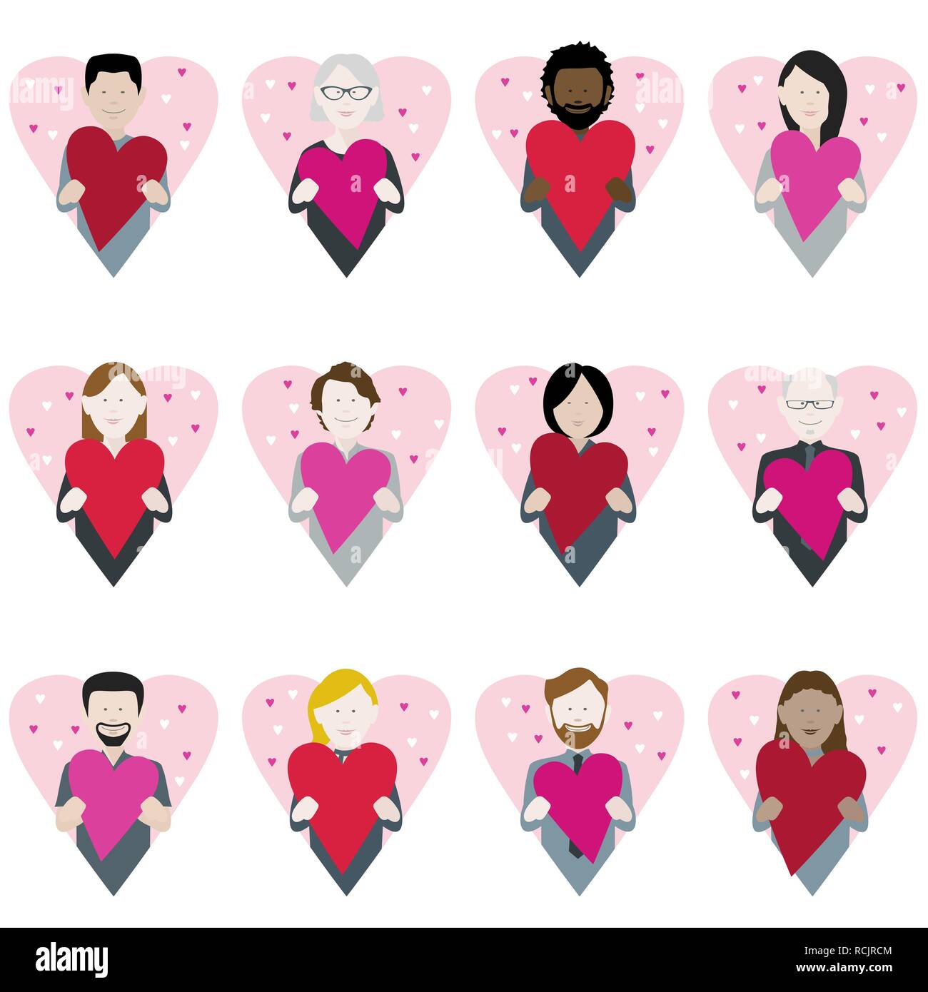 set of twelve icons of multiethnic adults holding valentine love hearts Stock Vector