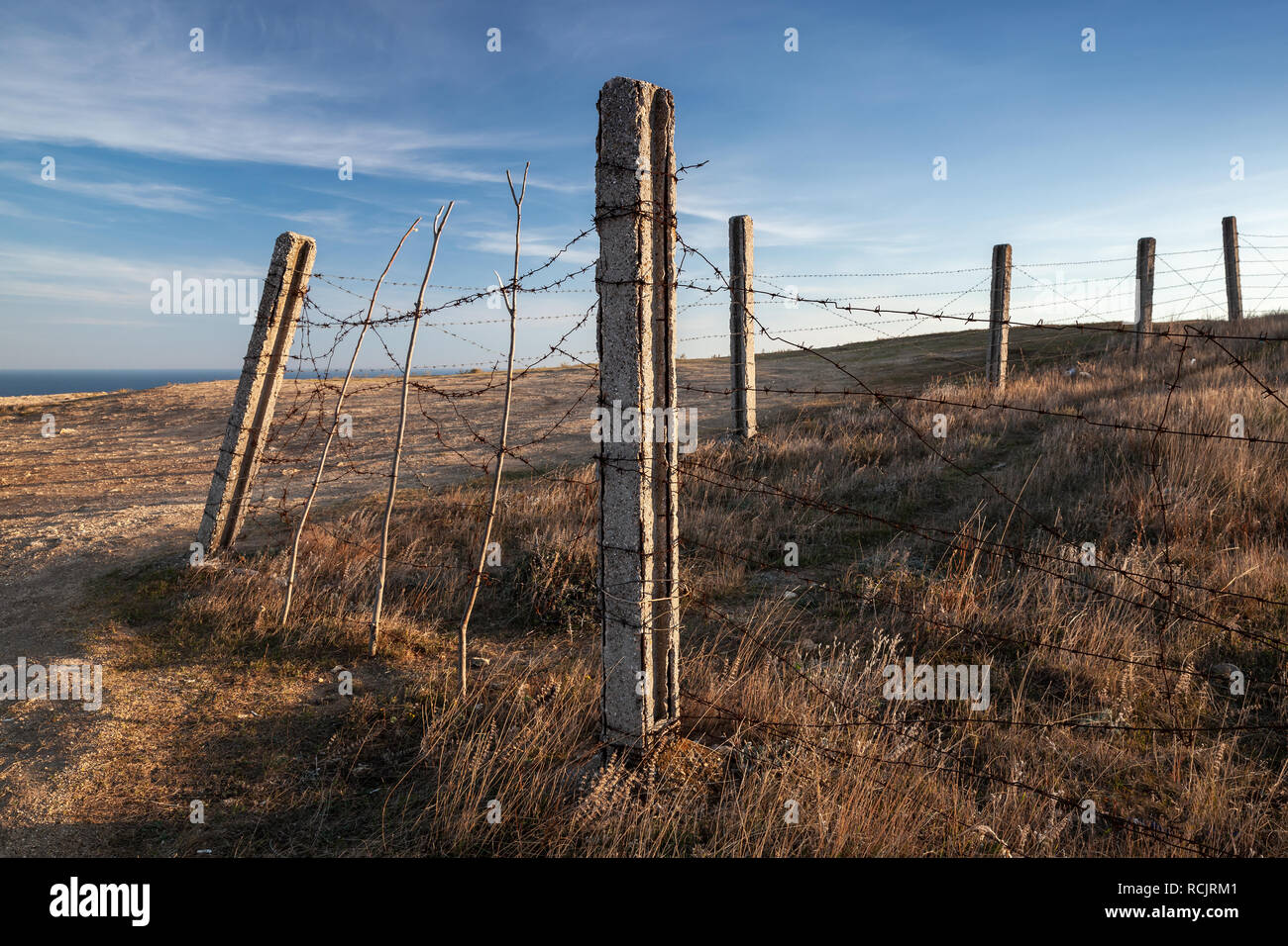 Old barbed wire fence is on dry grass field Stock Photo - Alamy