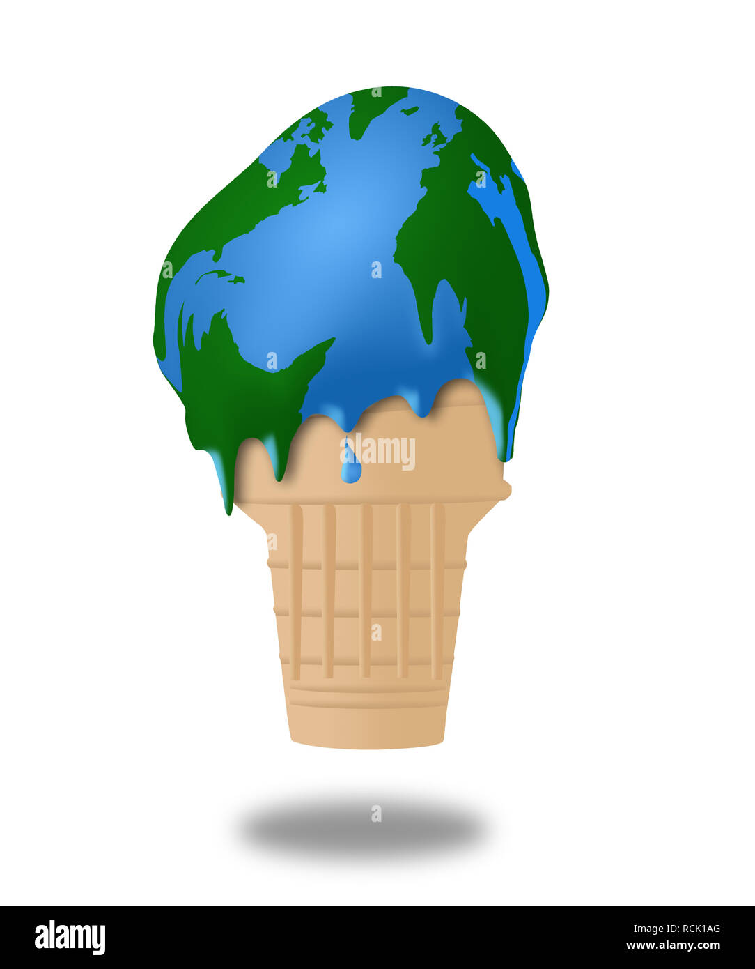 Global warming is illustrated with a melting ice cream cone and the ice cream appears to also be a globe map of earth. This is an illustration. Stock Photo