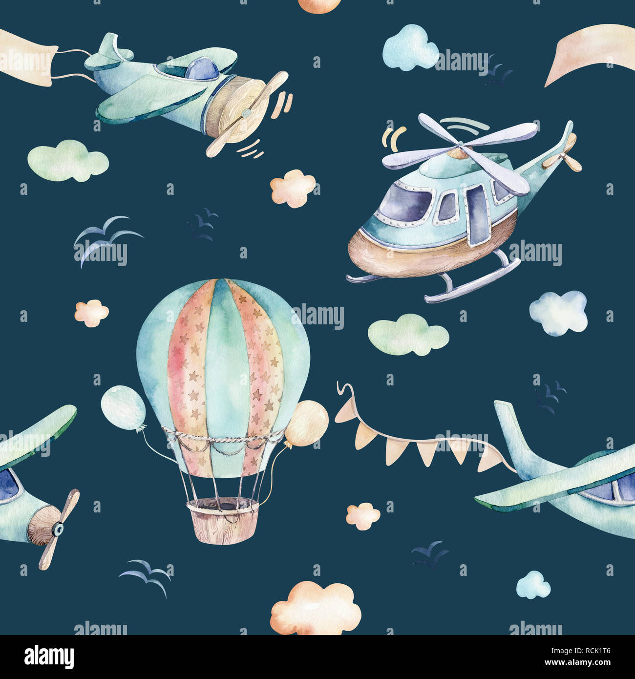 Watercolor set background illustration of a cute cartoon and fancy sky  scene complete with airplanes, helicopters, plane and balloons, clouds. Boy  seamless pattern. It's a baby shower design Stock Photo - Alamy