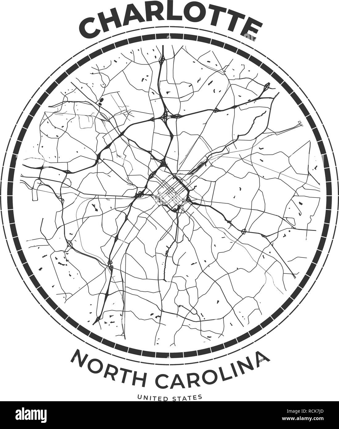 Tshirt map badge of Charlotte, North Carolina. Tee shirt print