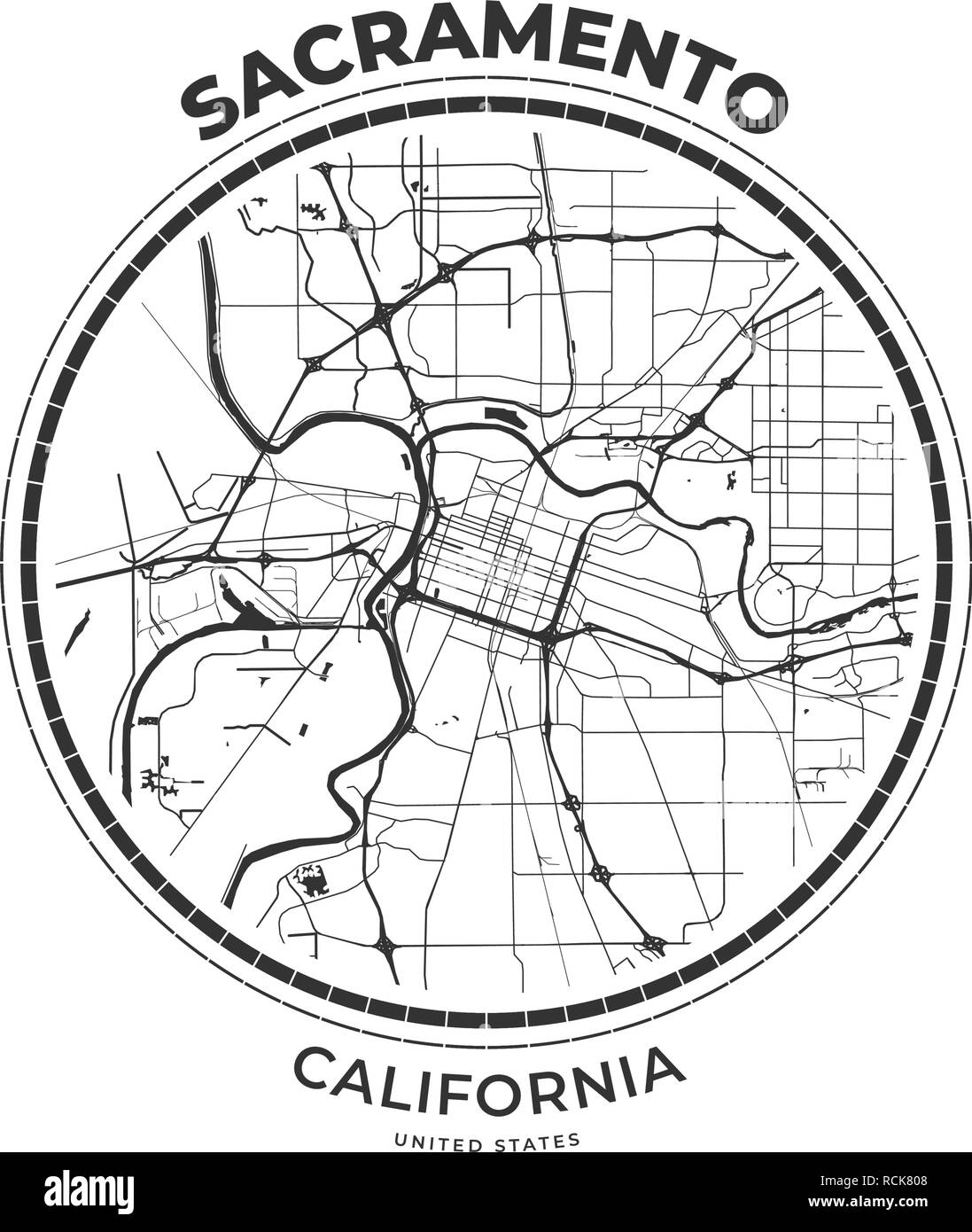 Tshirt map badge of Sacramento, California. Tee shirt print typography label badge emblem