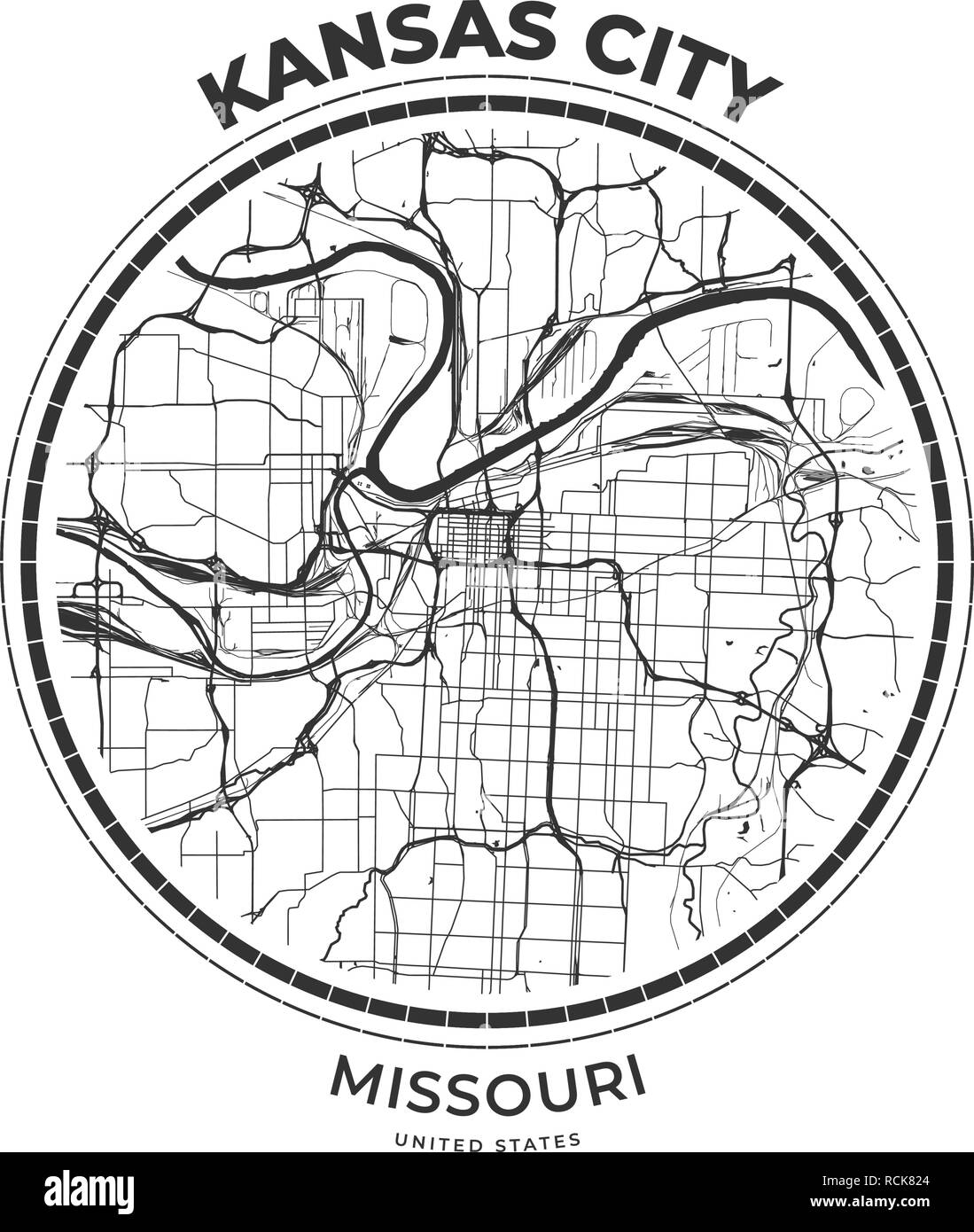 Tshirt map badge of Kansas City, Missouri. Tee shirt print typography