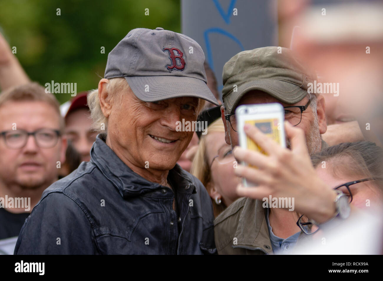 WORMS, GERMANY - AUGUST 24 2018: Actor Terence Hill (*1939) visits the city of Worms, Germany to present his movie 'My Name is Thomas' Stock Photo