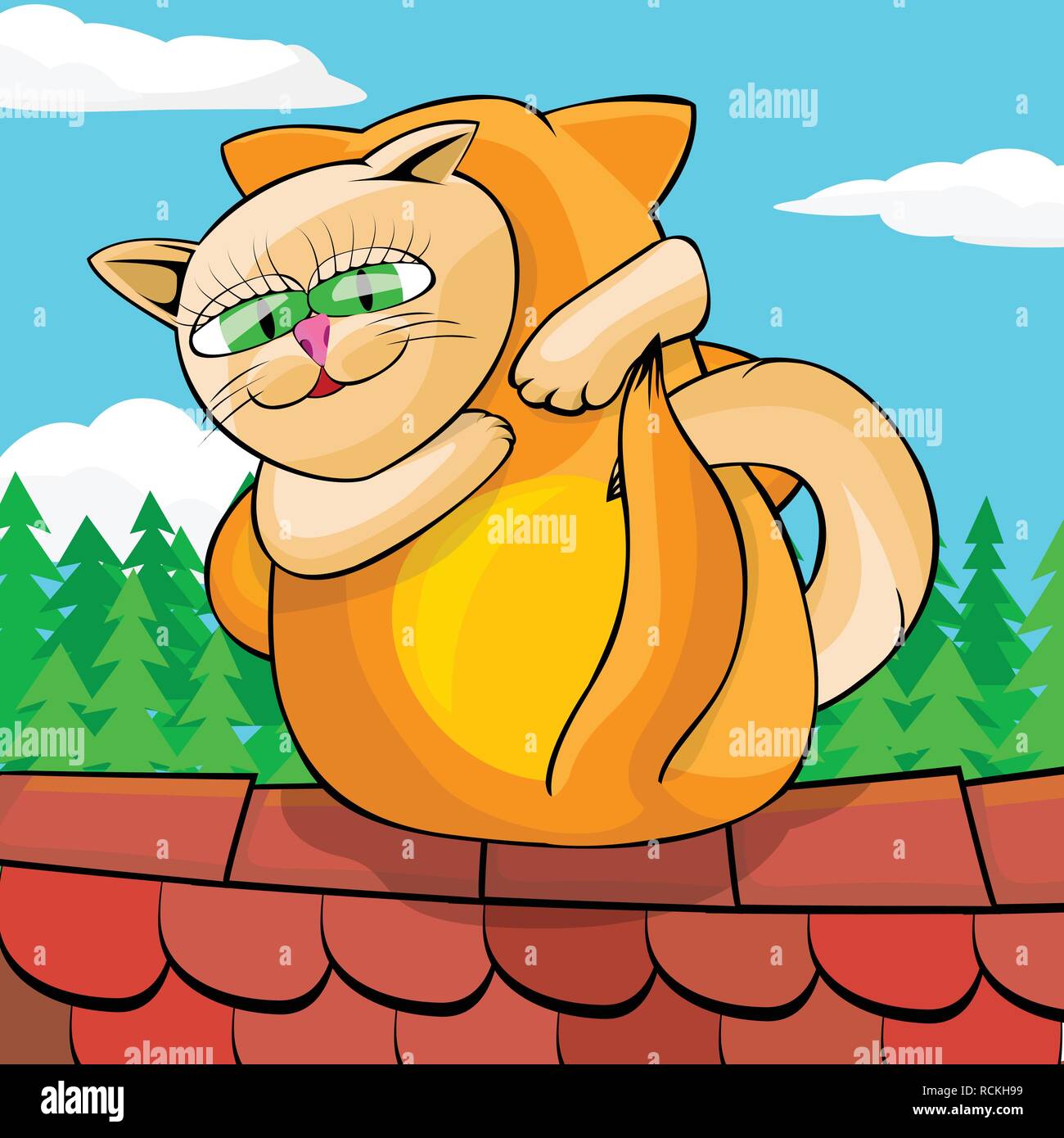 Red and white cats cuddling on tiled roof. Cats are sitting on the background of the sky above their heads clouds float. Cartoon vector illustration. Stock Vector