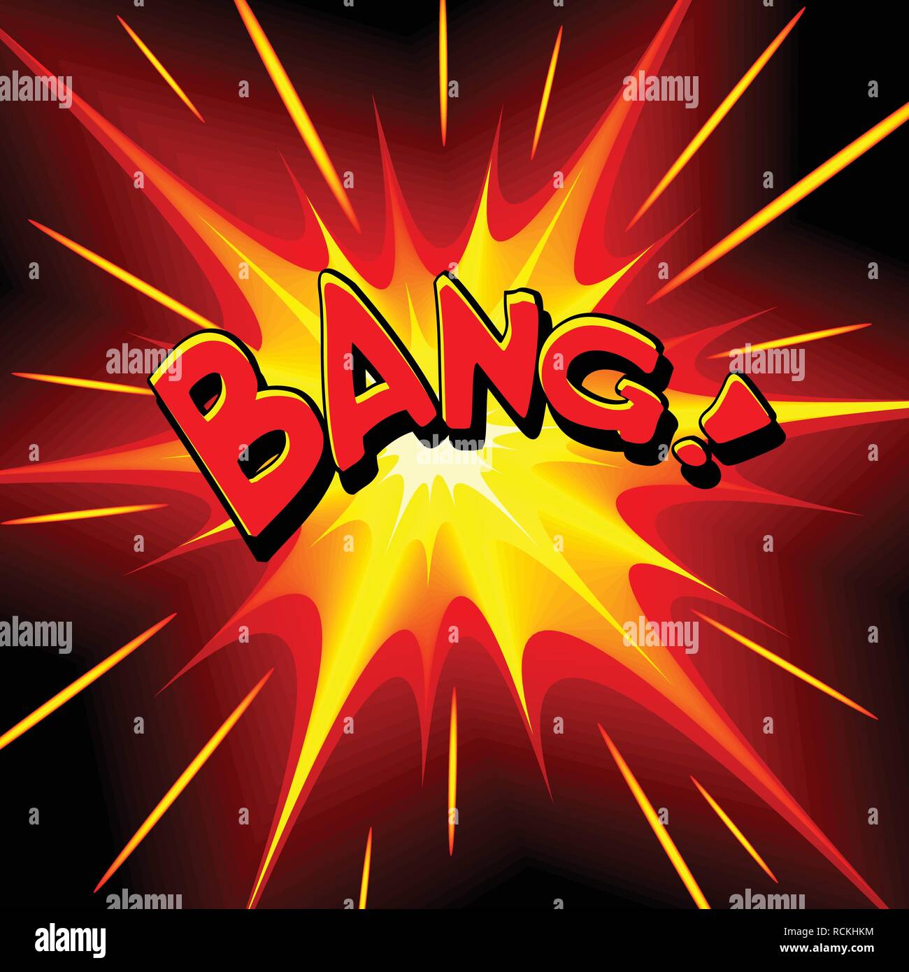 Bang comic cartoon. Vector illustration with yellow-red star on black background and inscription. Explosion template. Stock Vector