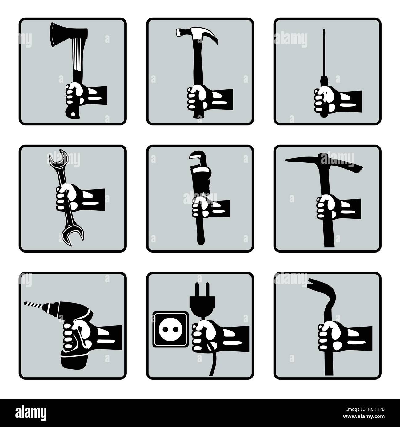 Set of hands holding tools. Vector hands with screwdriver, electric drill, wrench, hammer, pickaxe, socket, ax, mounting. Retro styled vector icons Stock Vector