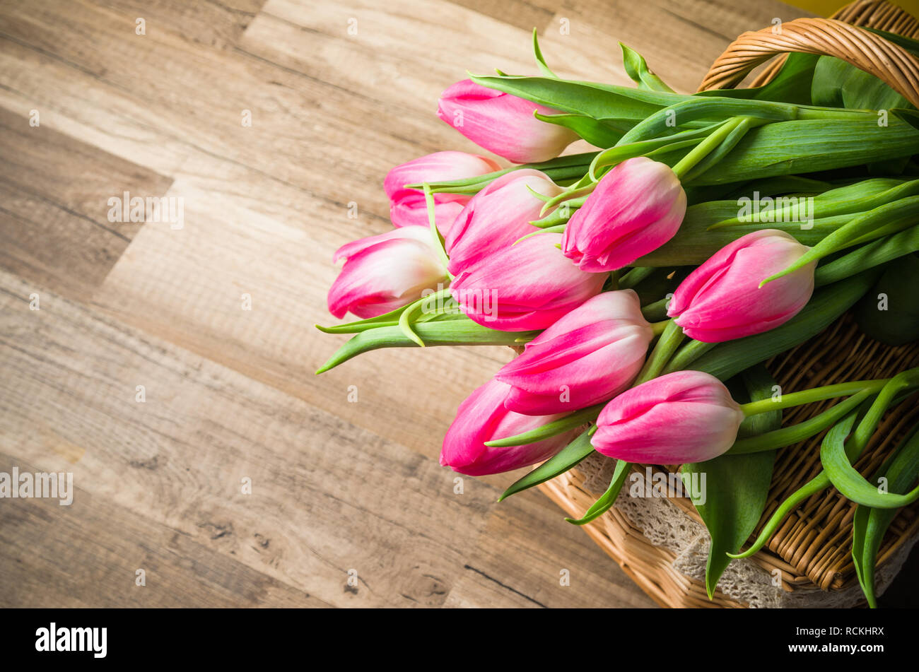 Beautiful bouquet from pink tulips  on a table Stock Photo