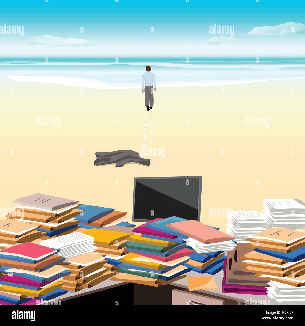 Cluttered. Beach. One goes along the beach away from the cluttered desktop, throwing jacket . Vector illustration. Stock Vector