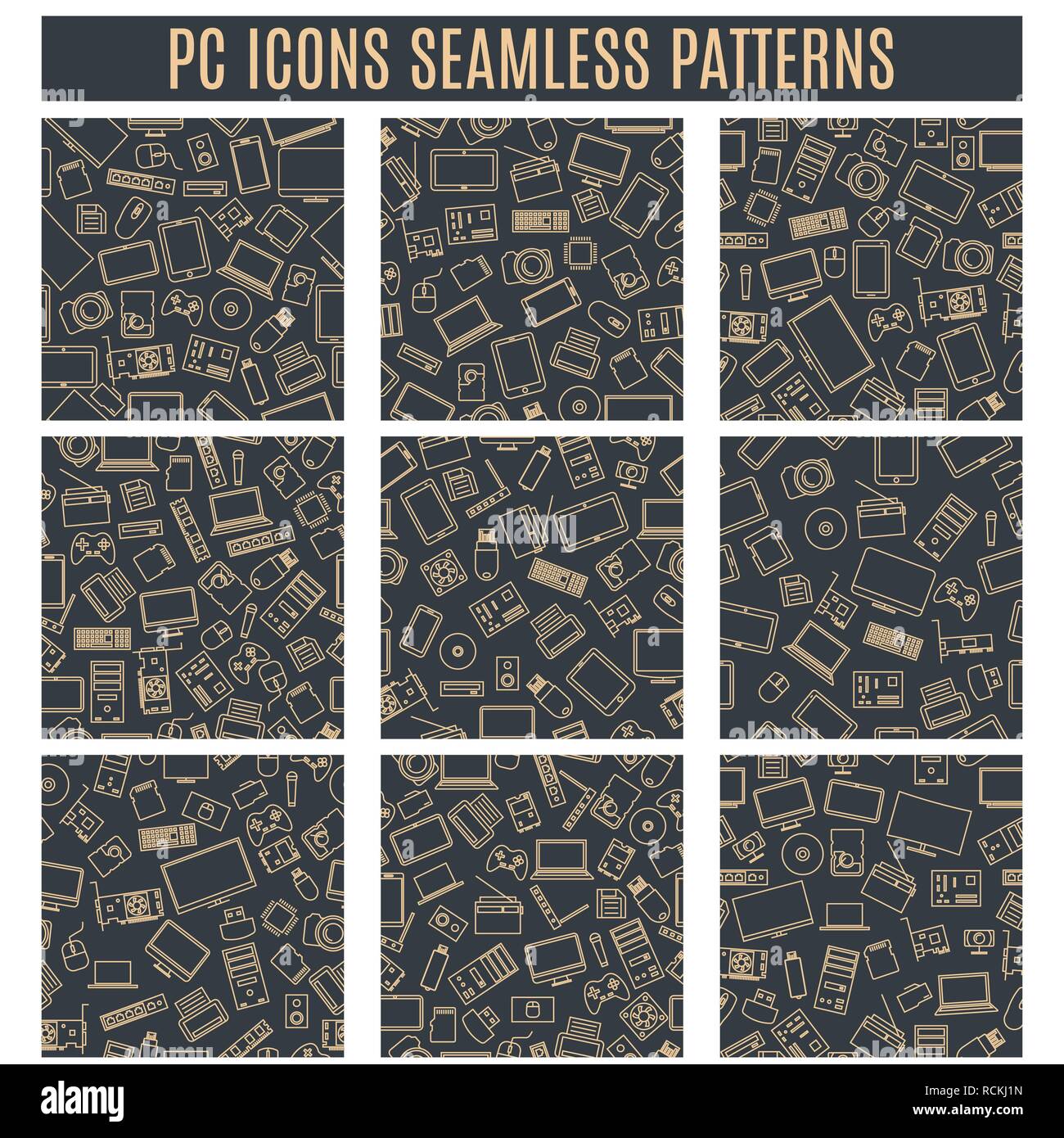 Set seamless patterns from computer and gadget icons of thin lines ...