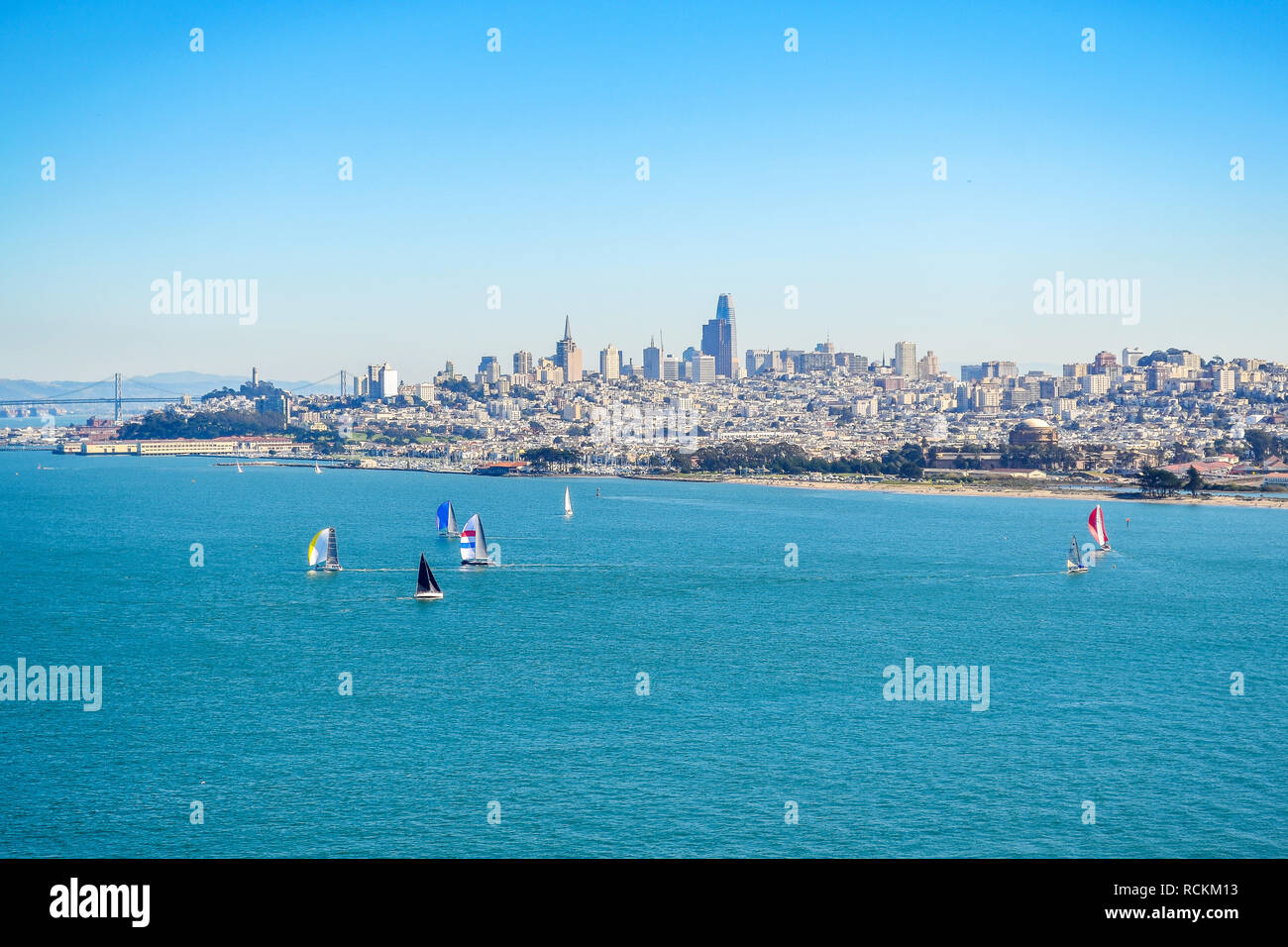 Sea bay, view of the city of San Francisco from the sea. Ships in the sea bay Stock Photo