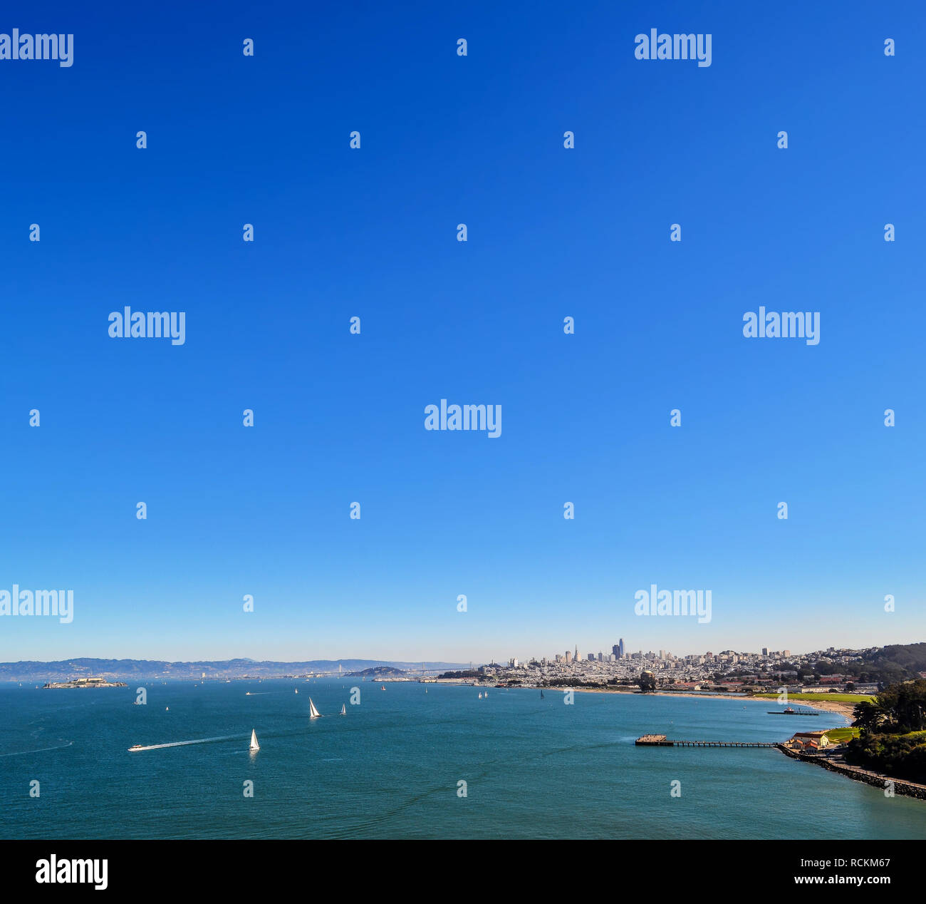 Sea bay, view of the city of San Francisco from the sea. Ships in the sea bay Stock Photo