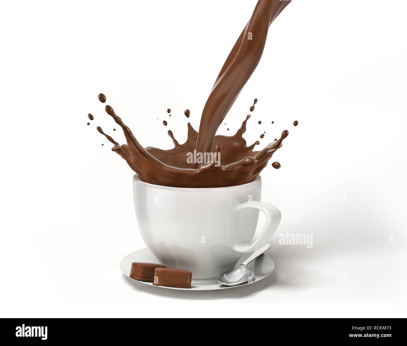 White cup on saucer with spoon, with liquid chocolate splash in it. Isolated on white background. Stock Photo