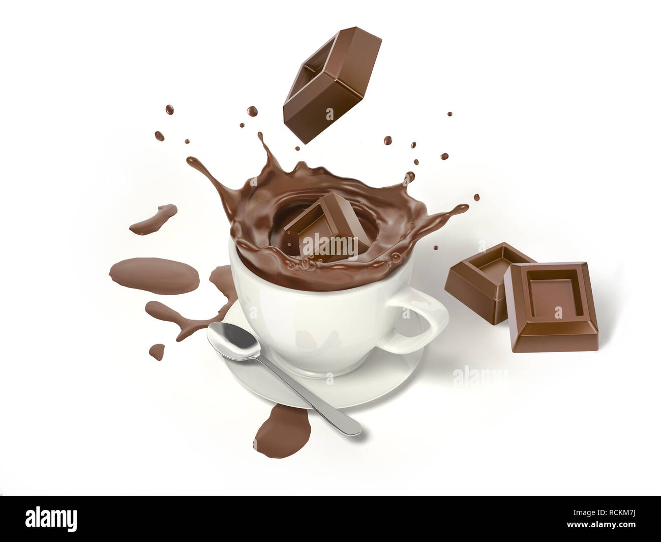 Two chocolate cubes splashing into a white cup with liquid chocolate and splash. With two other cubes besides and small chocolate pools on the floor.  Stock Photo