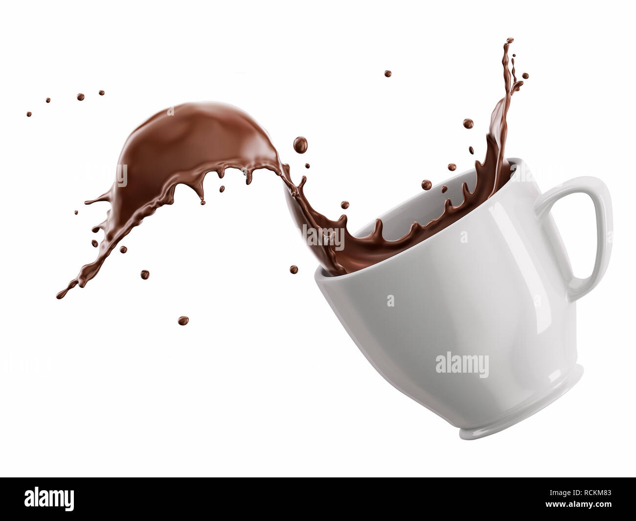 White porcelain Mug cup with liquid chocolate wave splash. Isolated on white background. Clipping path included. Stock Photo